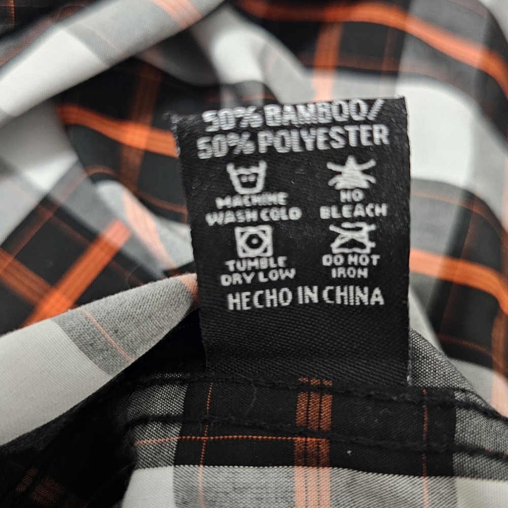 Dixxon Route 66 Plaid Button Up Shirt Mens M Black White Orange Bamboo Blend - Picture 8 of 8